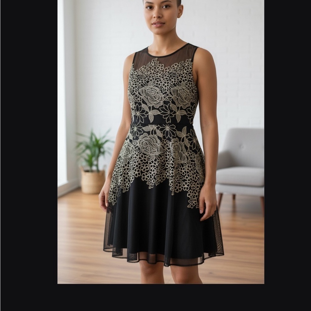 T Tahari Black Dress with Gold Floral Design